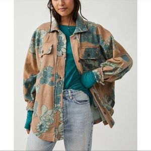 Free People Ruby Shacket Floral Tan and Teal Sz L NEW